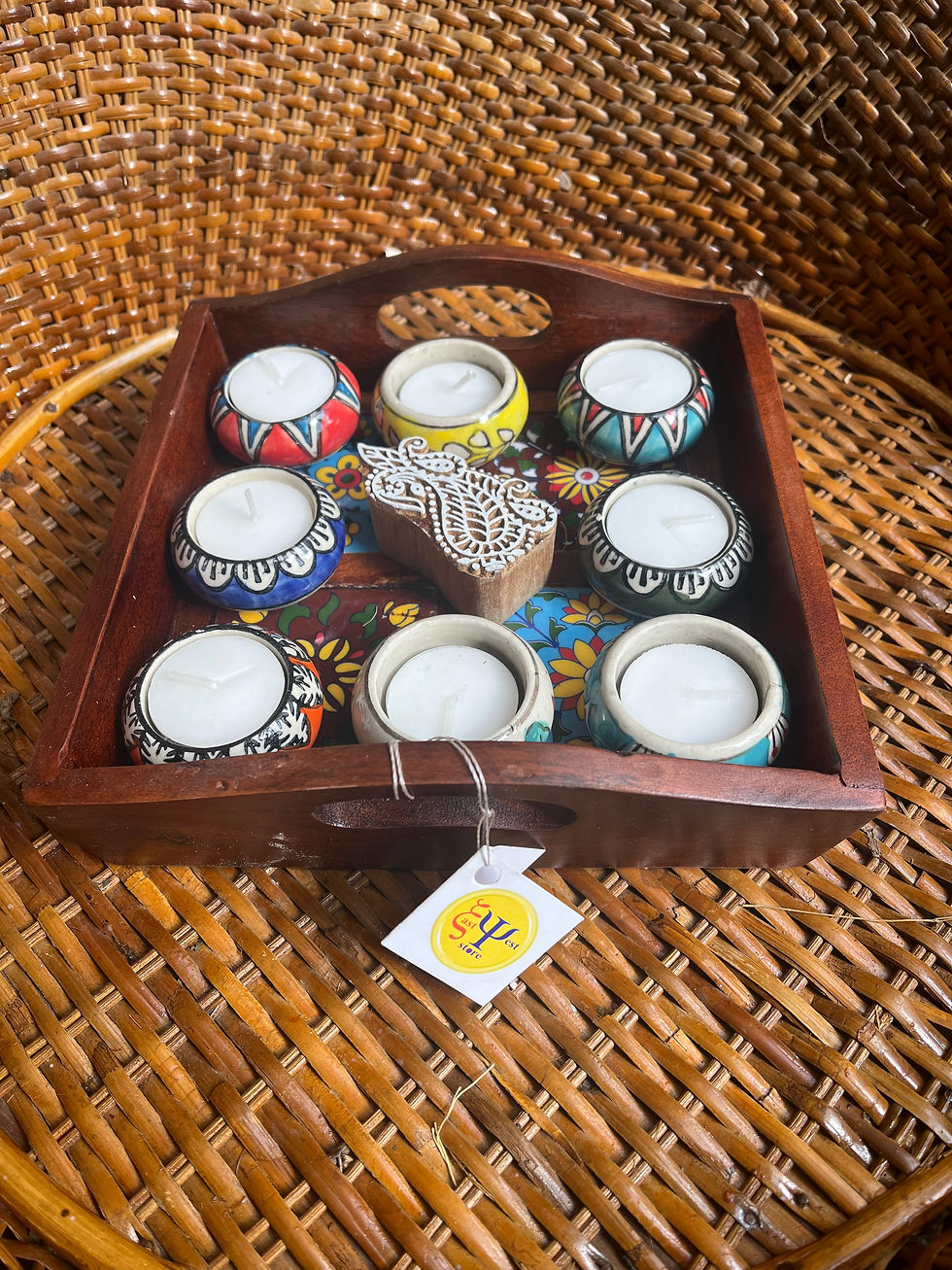 Thumbnail: Hand made blue pottery diyas and tray set