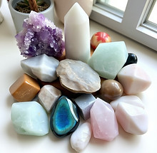 Show calming crystals at home space . Includes Amethyst, Howlite, labradorite , Amazonite