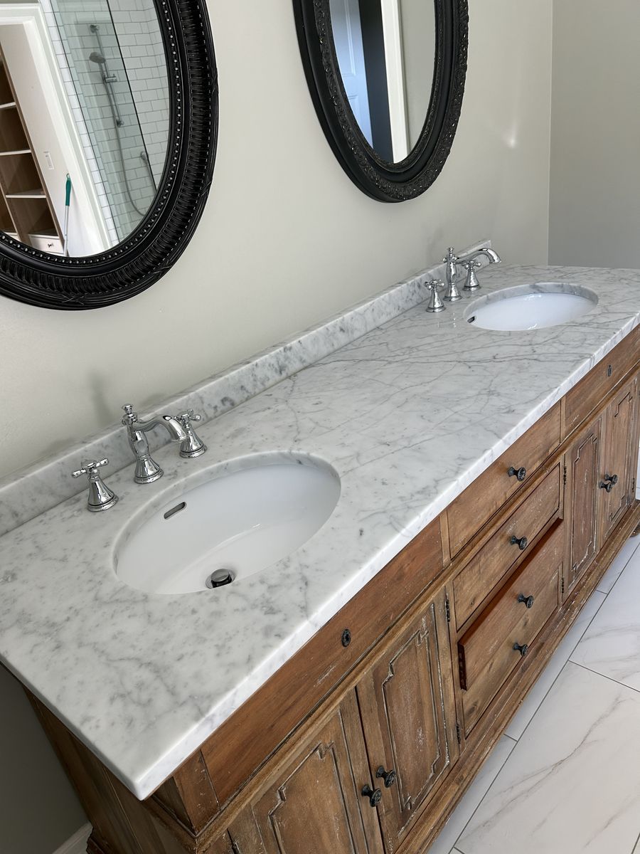 A marble double vanity, polished