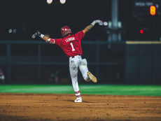 Alabama shortstop Justin LeBron celebrates a home run against Oklahoma (via @AlabamaBSB)