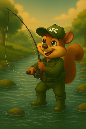 Soccerpets' Sly in his fishing gear and hat, using a fishing rod to fish
