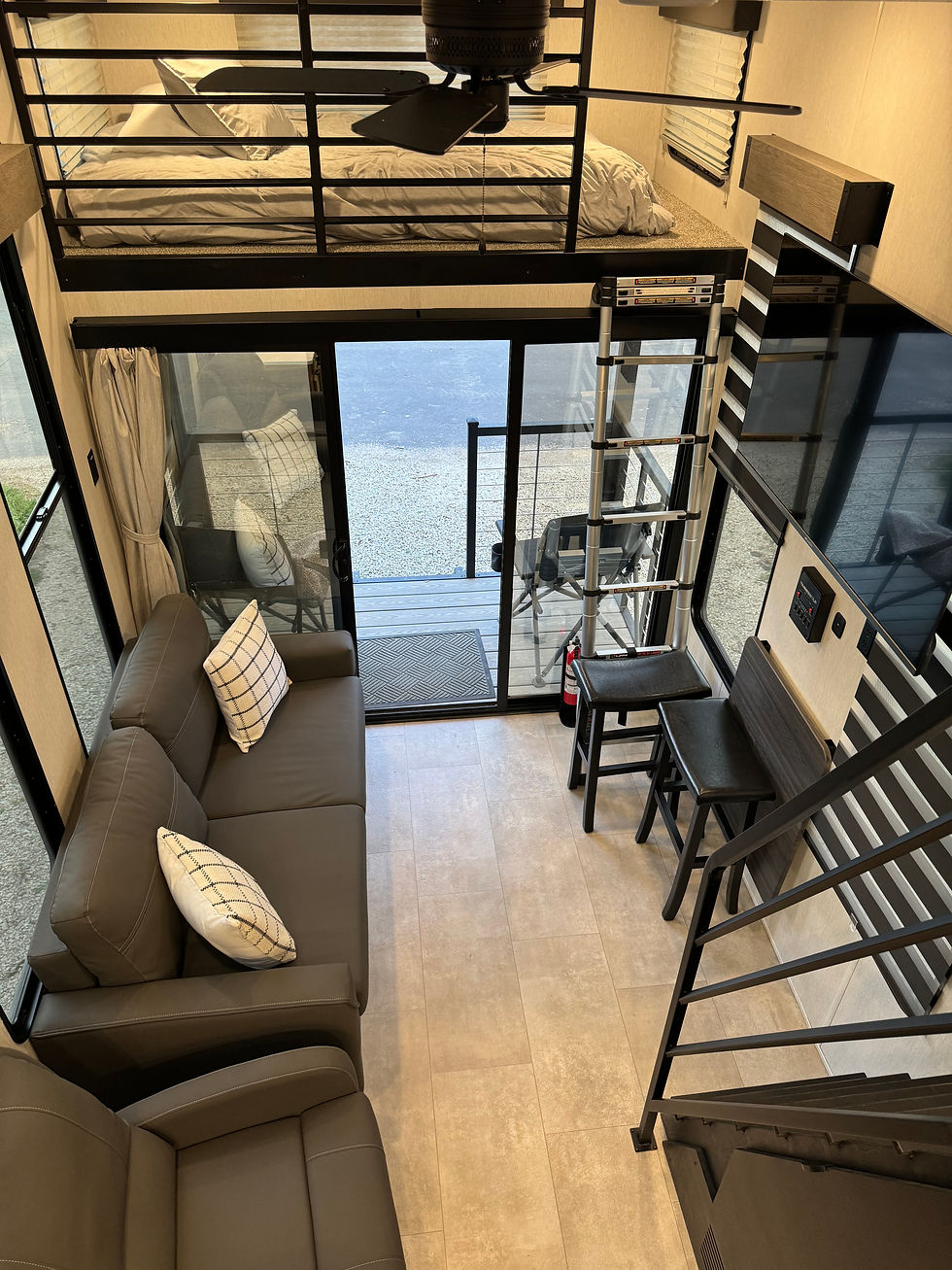 Kiesler’s rental camper loft view from queen bed