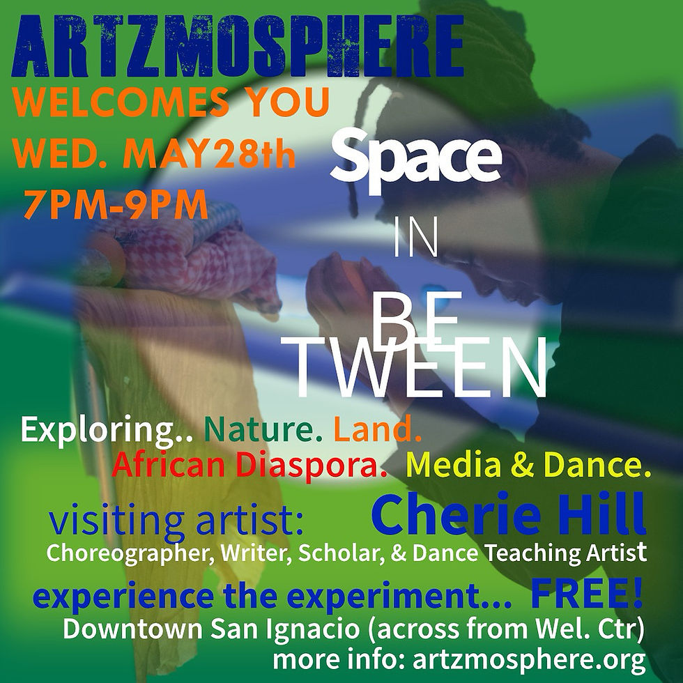 A flyer with information about the performance, multi-colored, and a photo of a dancer kneeling by an altar.