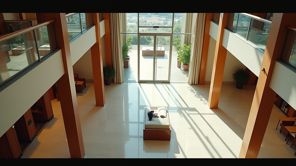 High angle view of a hotel lobby with modern design