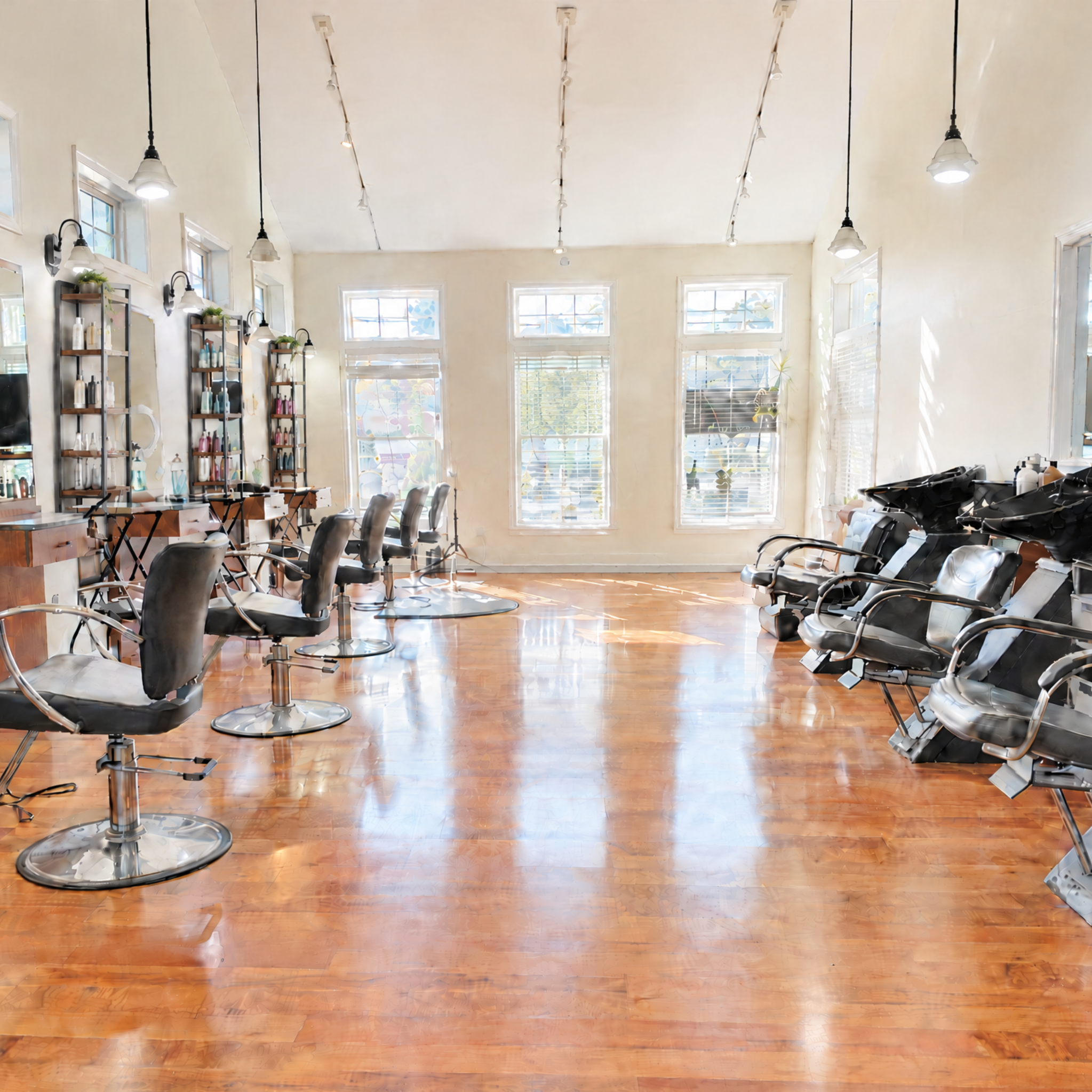 Edited preview of the Miracelly salon interior with styling chairs, shelving, and wash stations