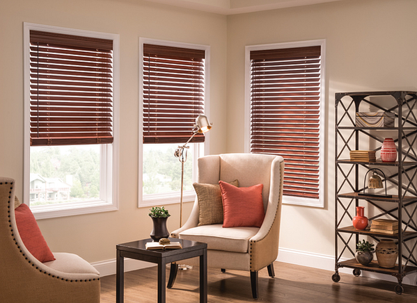 family room with wooden blinds