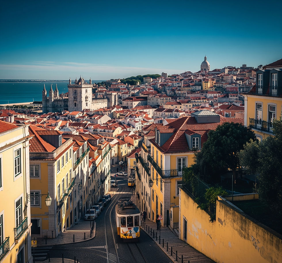 Rua secundária da cidade de Lisboa mostra a existência de uma equilibrada harmonia urbana através da altura/proporção das edificações, cores, tipos de pavimentos e materiais