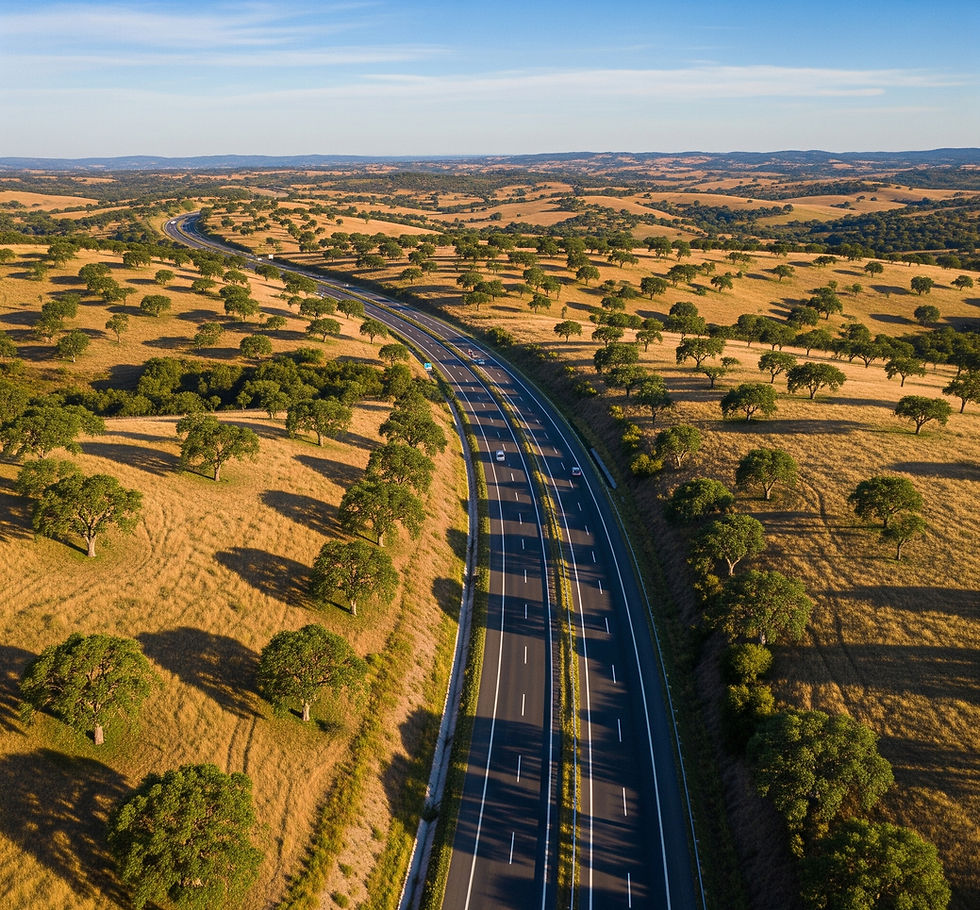 Vista aérea de uma estrada nacional no Alentejo
