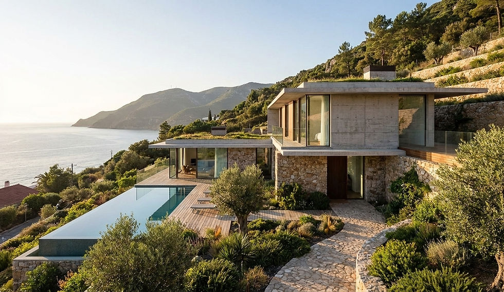 Projeto de Arquitetura para uma habitação unifamiliar num terreno inclinado, em Sesimbra