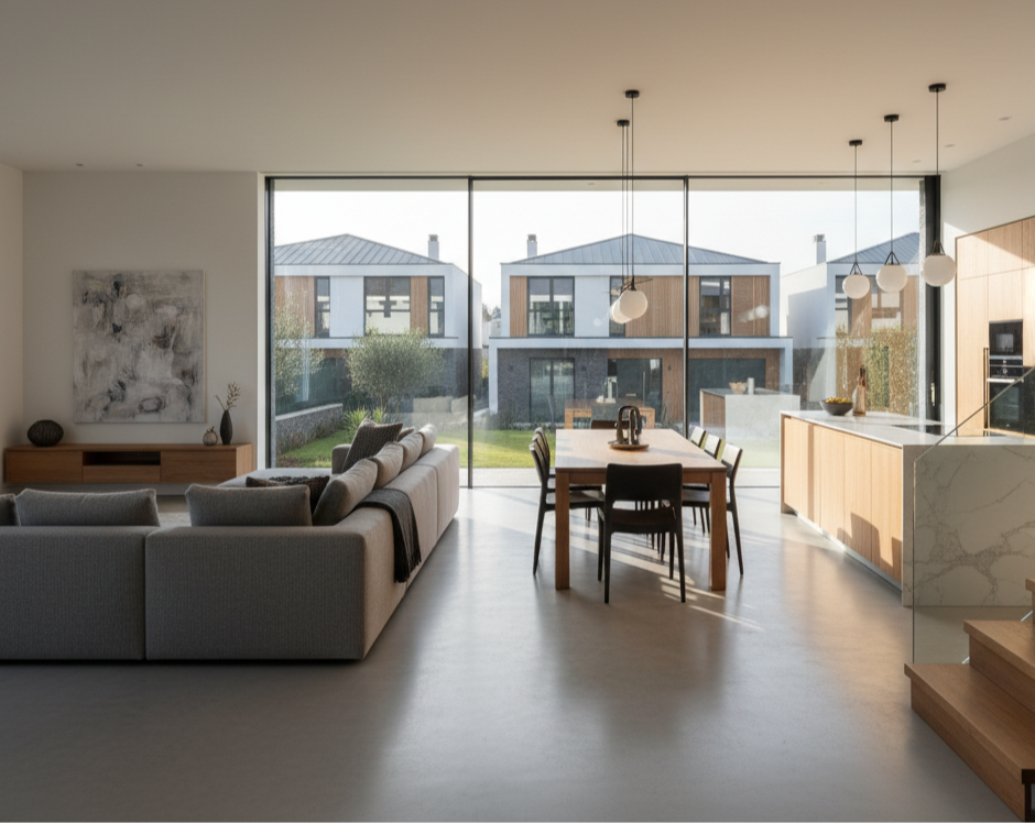 Vista do interior de habitação unifamiliar em loteamento meses após a conclusão da sua construção