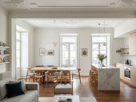 Apartamento pombalino em Lisboa após obras de reabilitação, remodelação e reorganização espacial, visto da área social