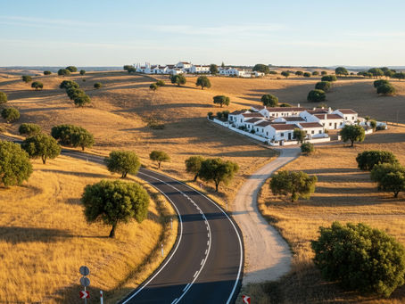 Conjunto de habitações próximas de uma estrada municipal no Alentejo, em vista aérea