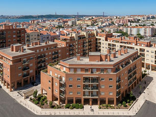 Vista aérea de uma área residencial de habitação acessível