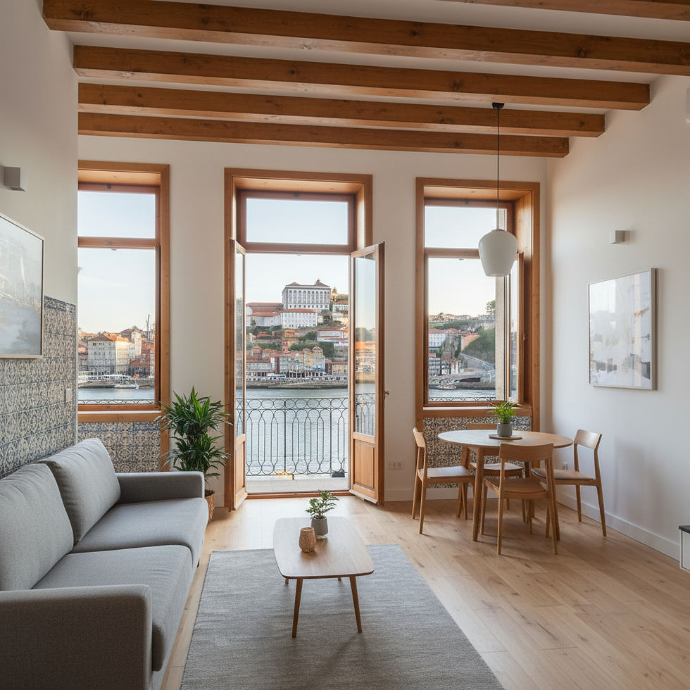 Vista do interior do edifício de habitação e comércio após obras de reabilitação e remodelação na Ribeira do Porto