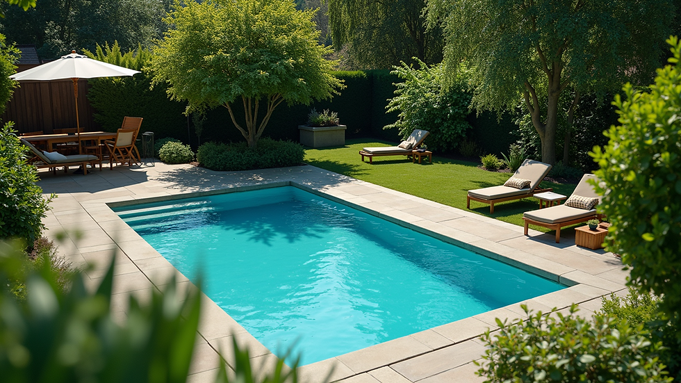 High angle view of a backyard pool surrounded by greenery