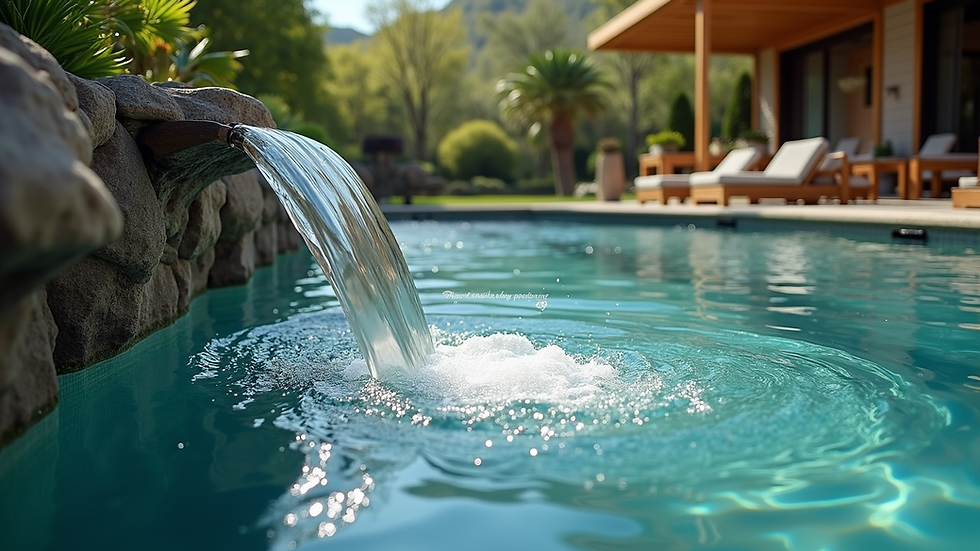Eye-level view of a freeform pool with integrated waterfall feature