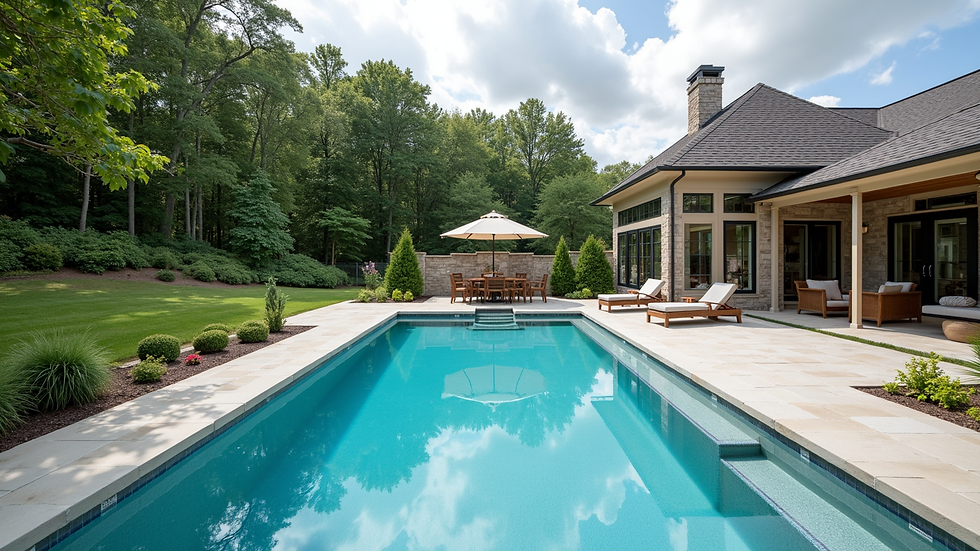Wide angle view of completed inground pool with surrounding deck and landscaping
