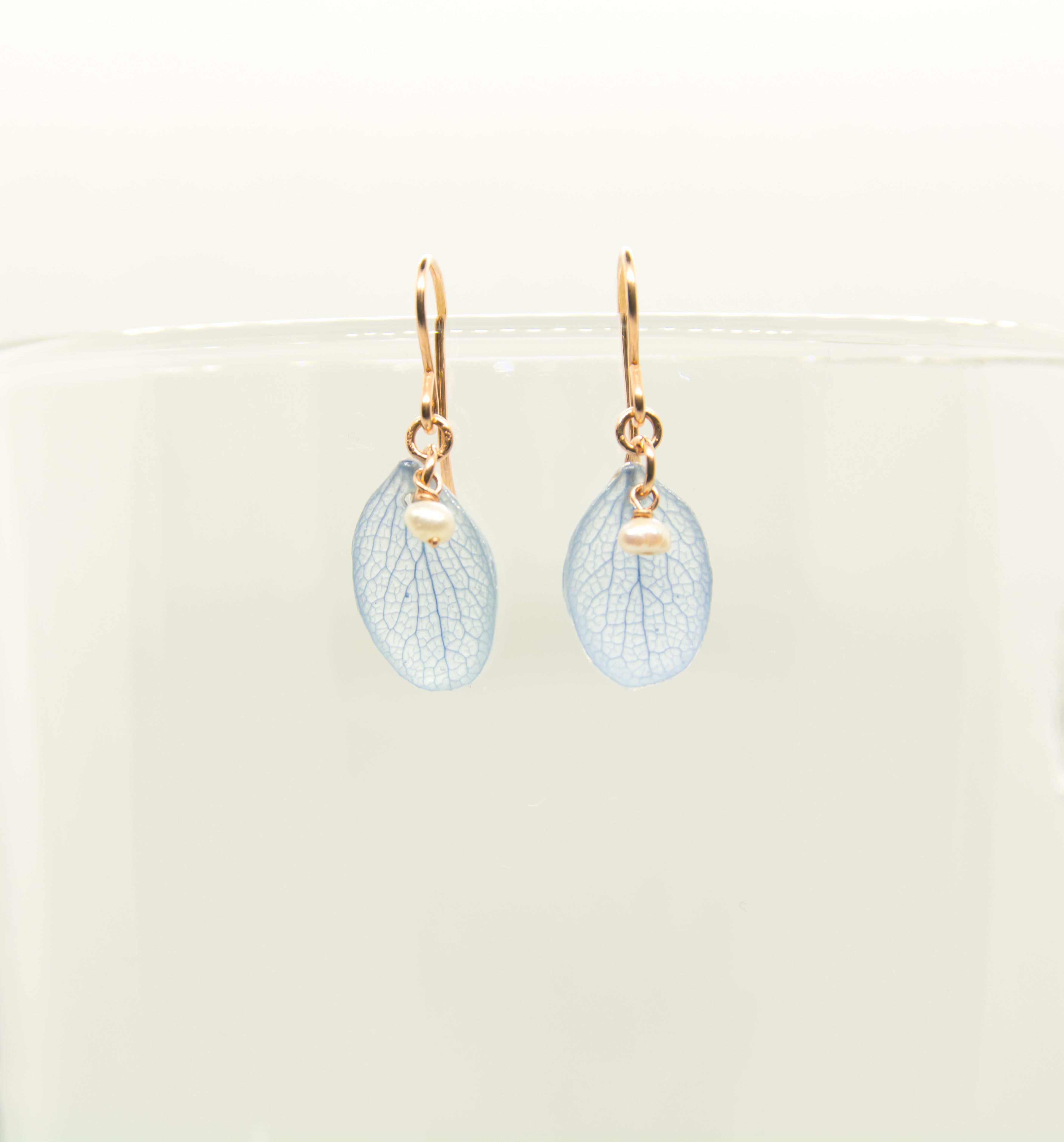Blue hydrangea petal earrings in 14ct rose gold filled
