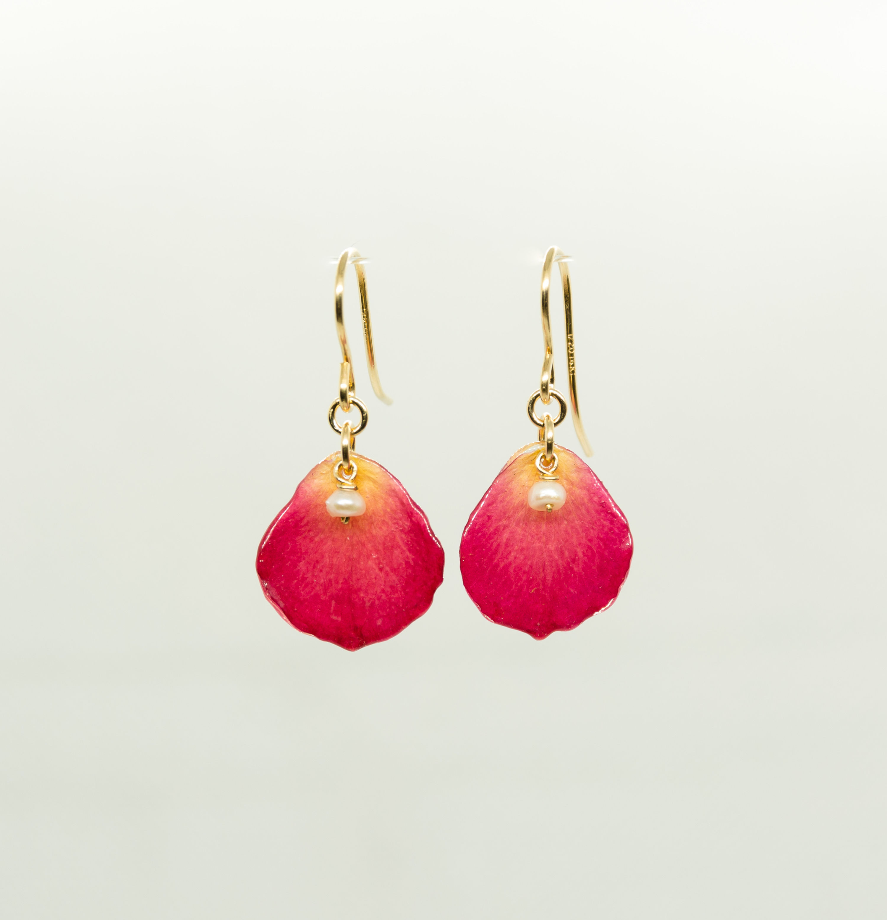 Red rose petals in 14ct gold filled earrings