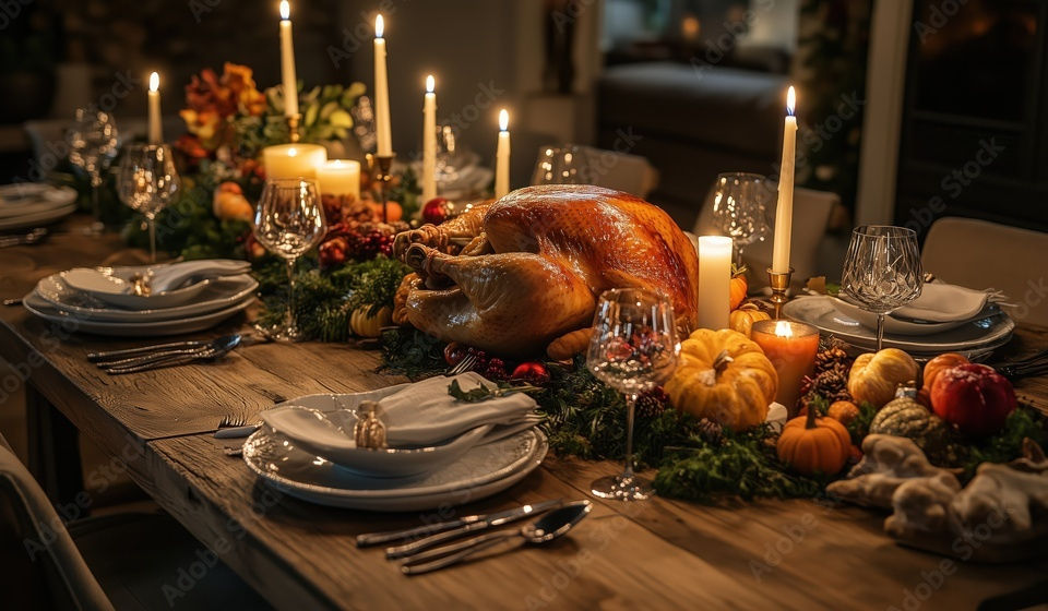 Table with candles, place settings, and thanksgiving turkey