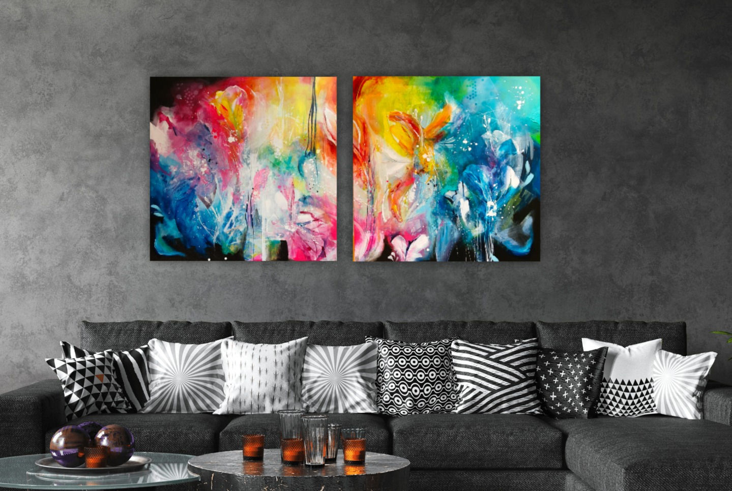 Wohnbeispiel mit einem Kunstwerk von Christin Kirchner aus Ulm aus der Serie Bloom.