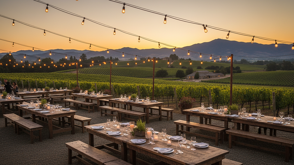 Wide angle view of a rustic outdoor dining area with wooden tables and string lights