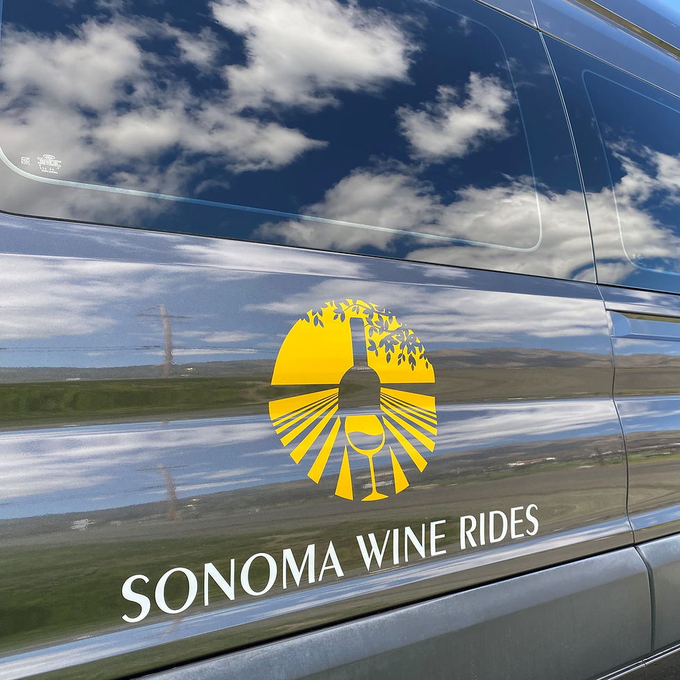 Van with "Sonoma Wine Rides" logo reflecting cloudy sky. Yellow image of wine bottle and glass on side. Rural landscape background.