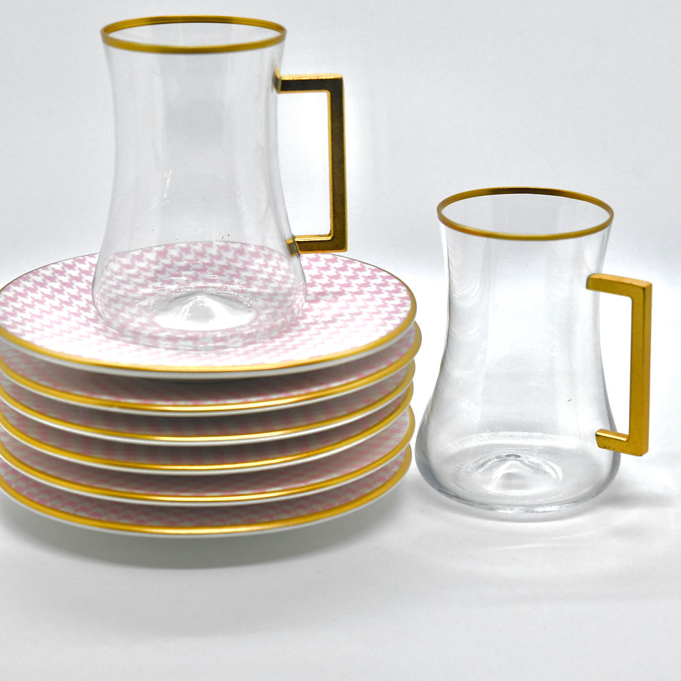 Thumbnail: Pink & White Candy Print Tea Glass with Handle and Saucer (Set of 6)