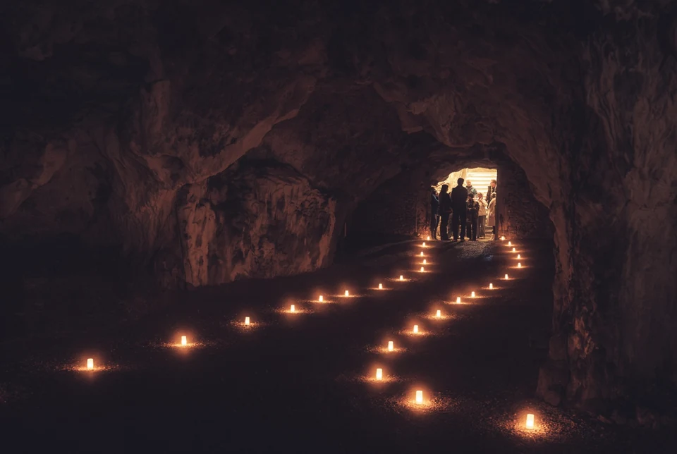 Kerzen beleuchten den Weg durch die Tropfsteinhöhle Schulerloch beim Traumwelten-Event