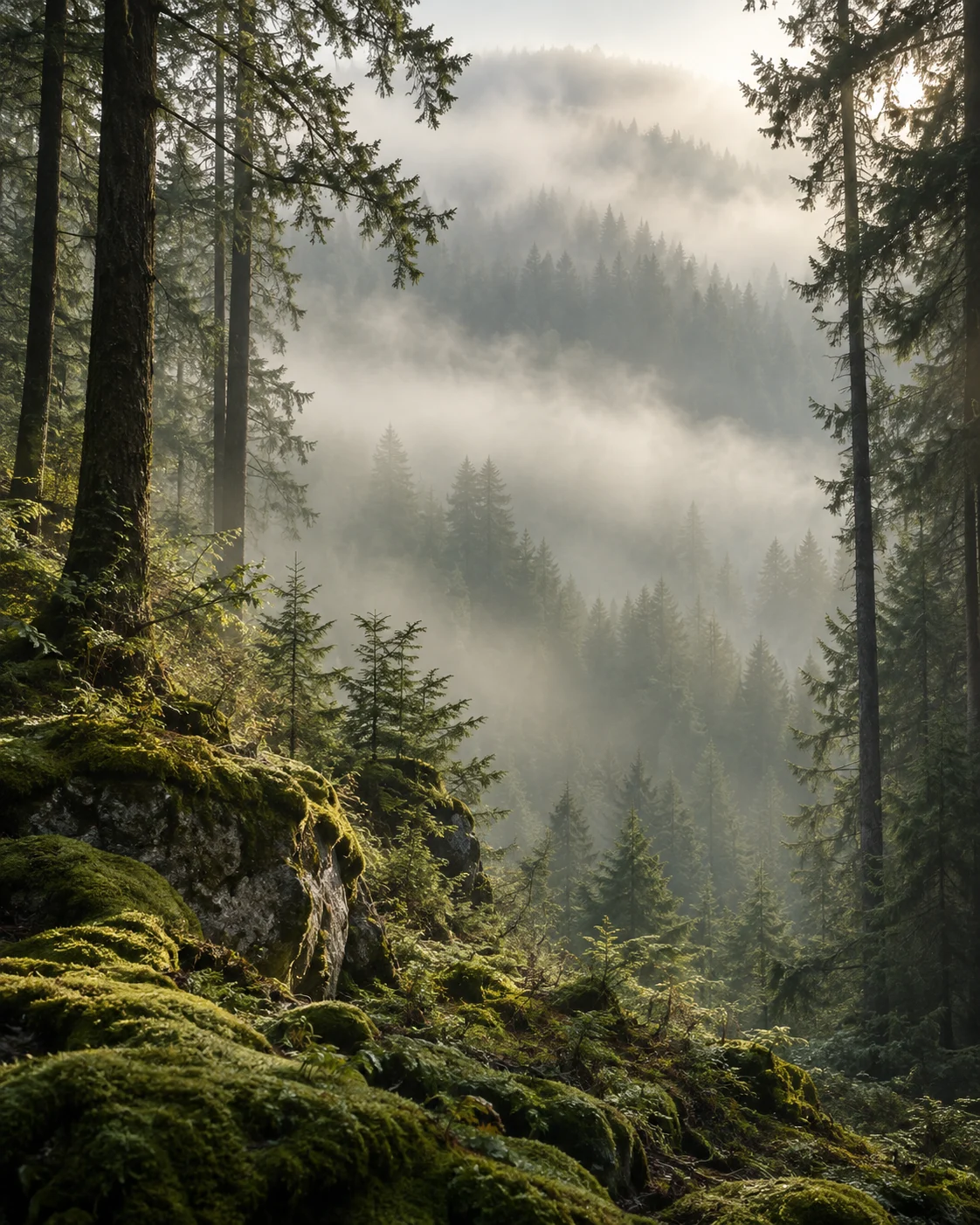 Tannen und moosbewachsene Felsen im Morgennebel.