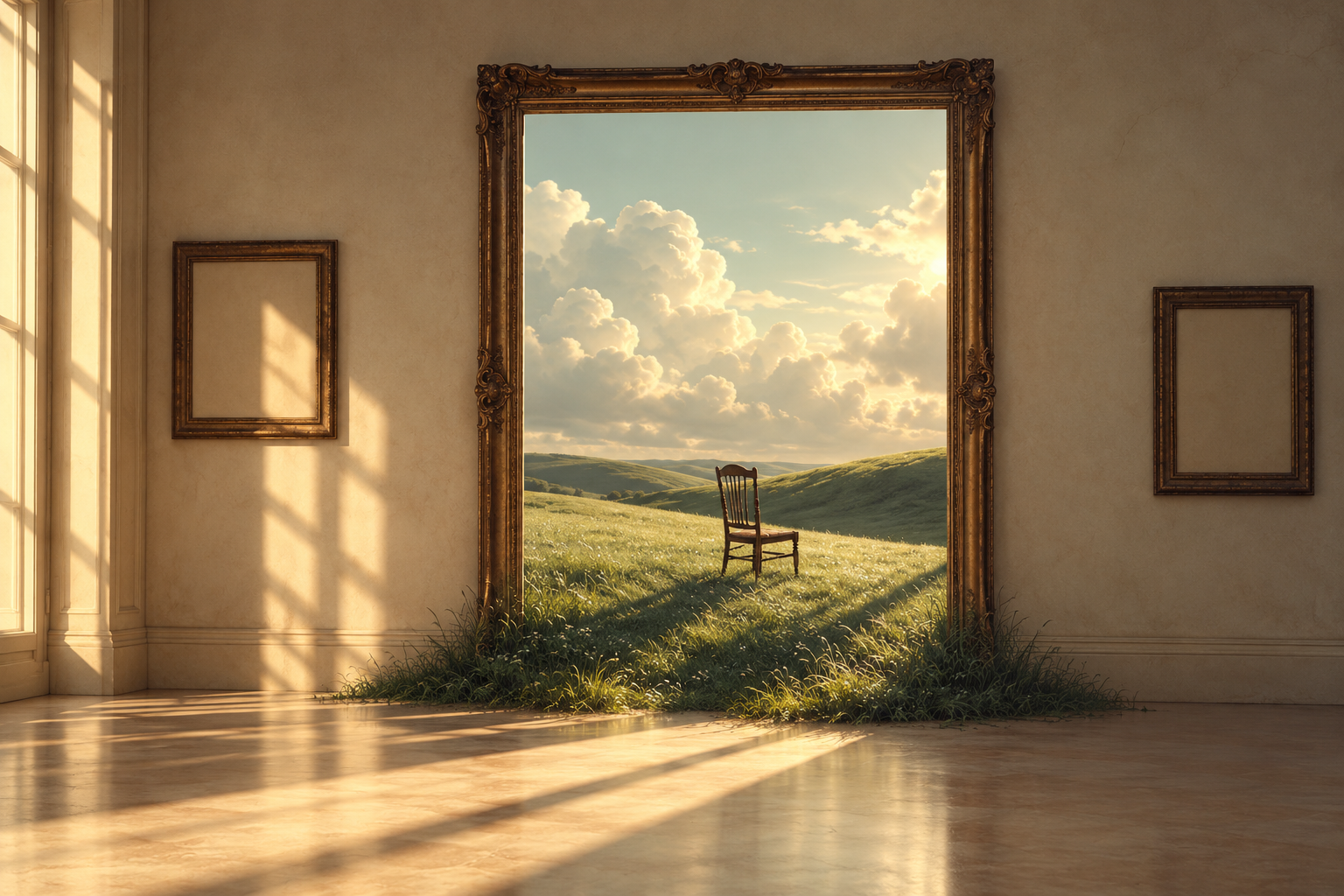 An open picture frame leading to a sunny meadow with a single wooden chair.
