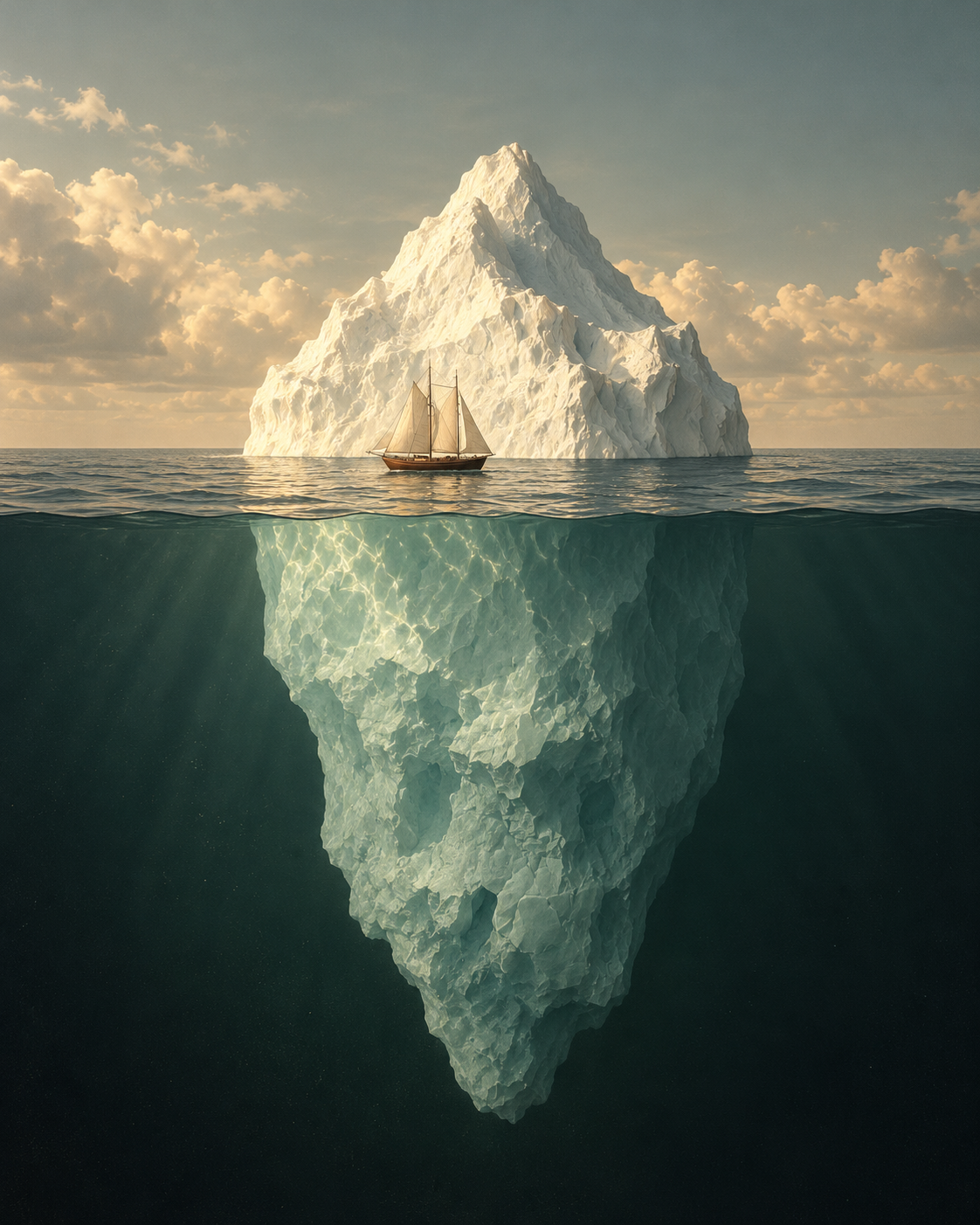 A small sailing boat beside an iceberg, most of which lies beneath the water.