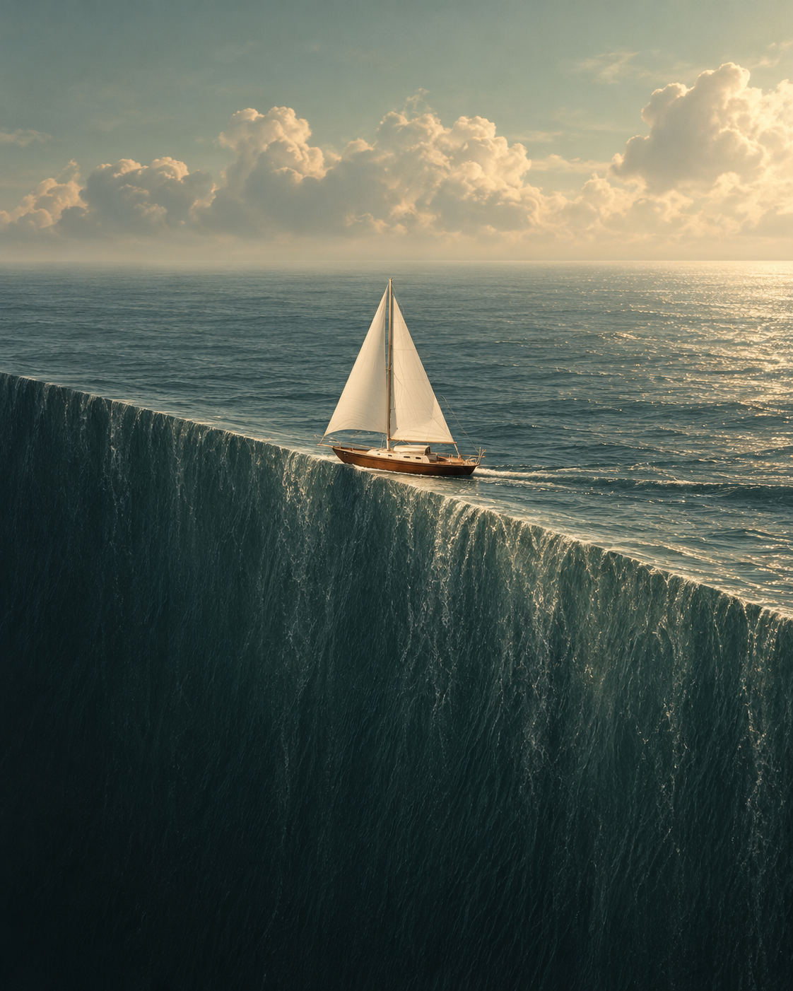 A lone sailing boat on green water at a surreal ocean edge.