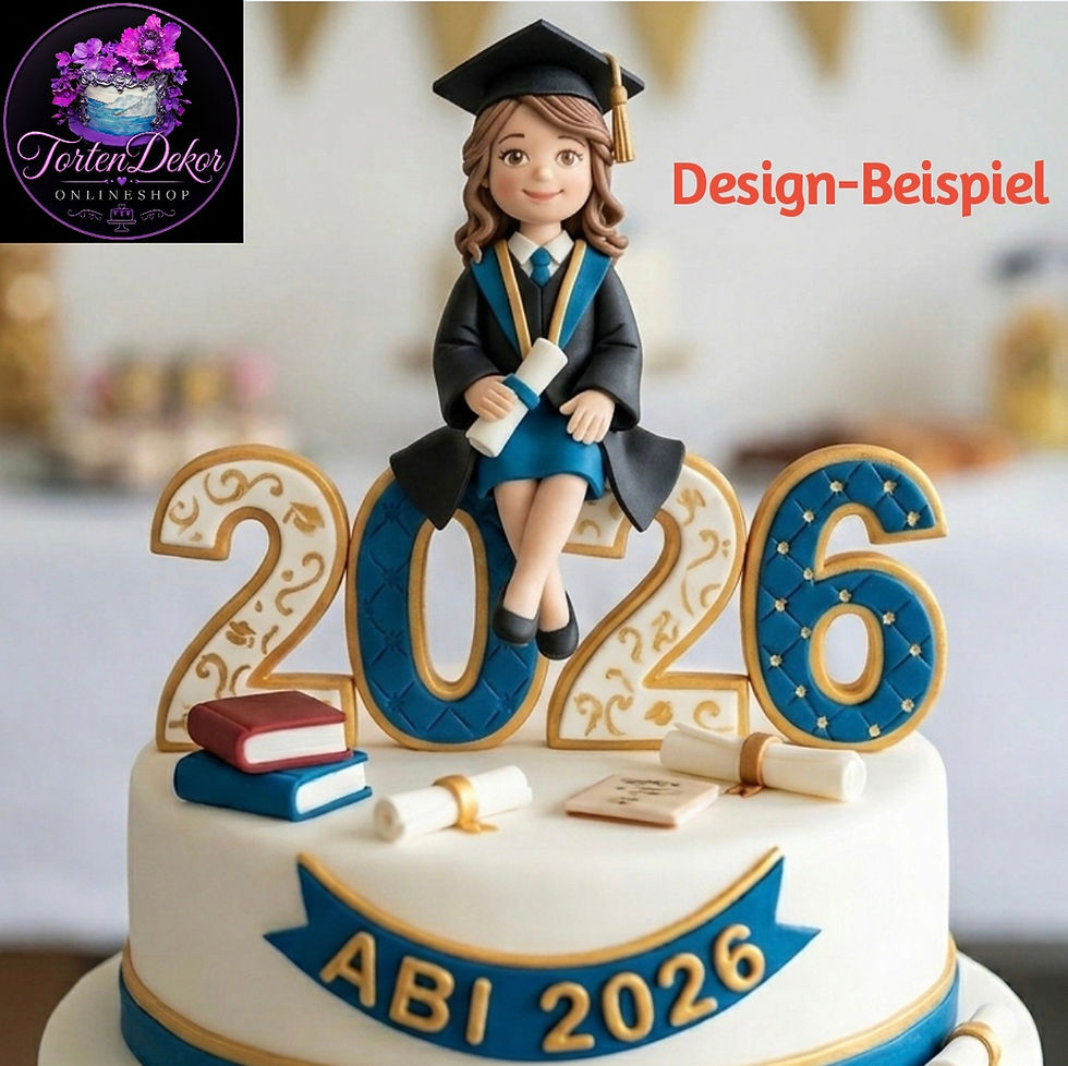 Personalisierte Abi 2026 Tortenfigur aus Fondant mit Doktorhut und Diplom, Mädchen mit blonden Zöpfen