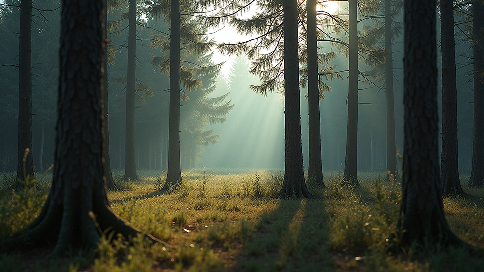 Wide angle view of a serene forest landscape
