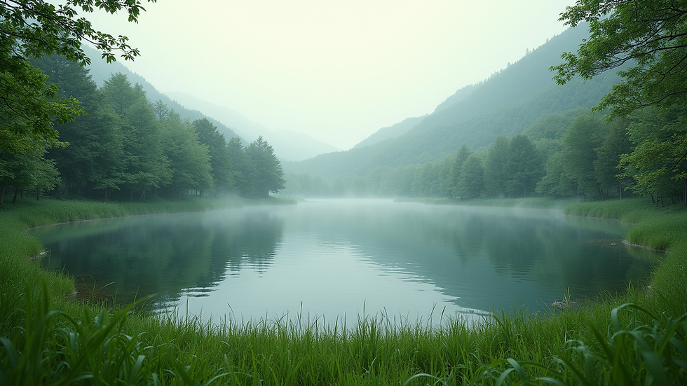 Wide angle view of a serene lake surrounded by lush greenery