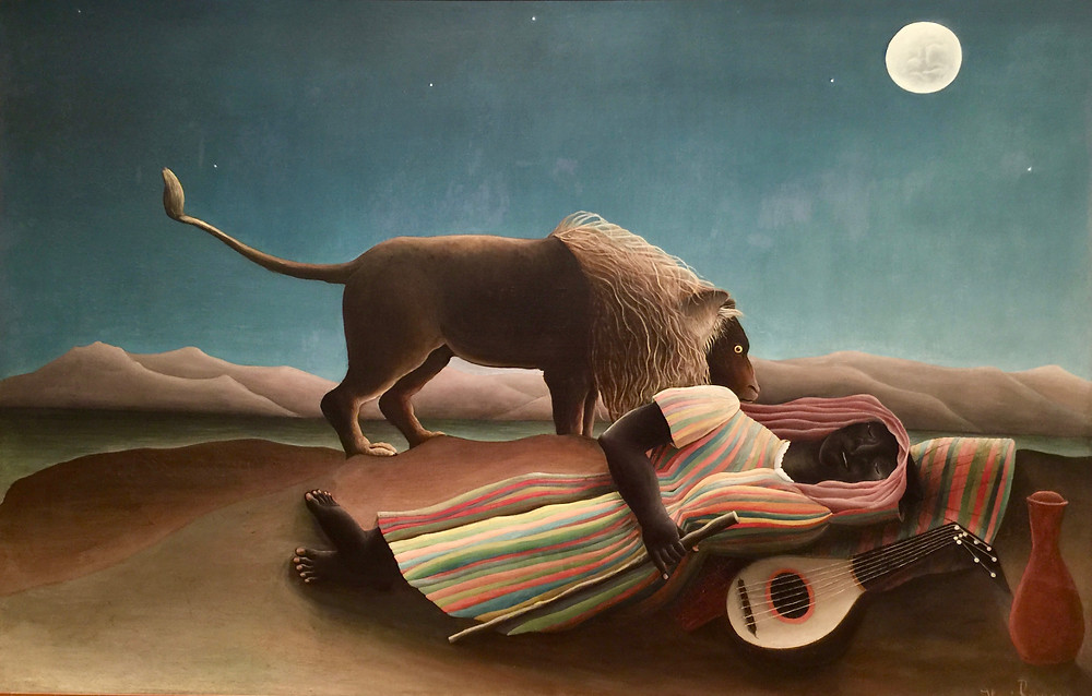 Painting of Sleeping Gypsy by Henri Rousseau with moon in sky and lion muzzling the human