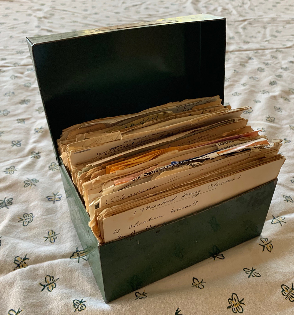 "Old fashioned green metal recipe box"