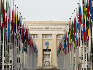 The flags of the world on flag poles outside of the UN building in Geneva, Switzerland.