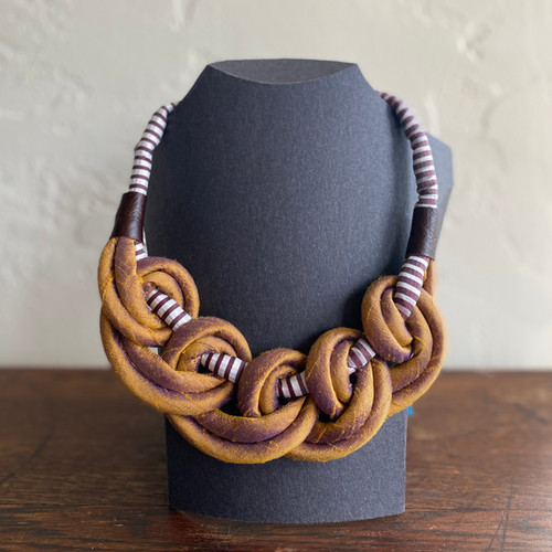 Silk & Leather Necklace - Gold Loop, Brown Stripe | Stacey Sharman