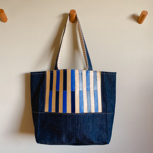 Patchwork Leather Tote Bag: Blue & Tan Stripes | Stacey Sharman