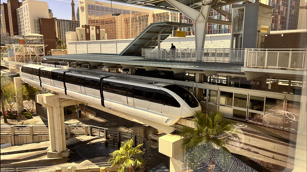 White monorail at a station in a cityscape with tall buildings. A person stands nearby. Sunny setting, palm trees visible below.