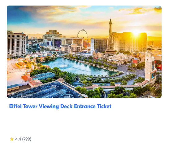 Las Vegas skyline with Eiffel Tower replica at sunset. Ferris wheel and buildings surround a lake. Text: Eiffel Tower Viewing Deck.