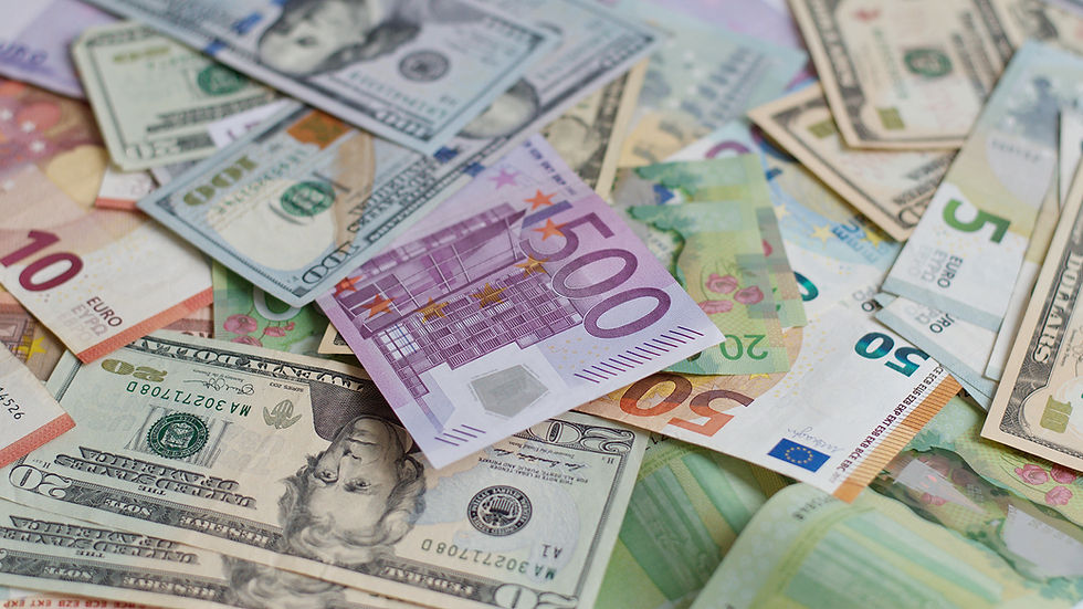 Various US dollar and Euro bills scattered, including 500 Euro and 100 Dollar notes. The scene is colorful with no distinct mood.