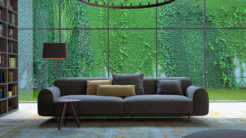 Modern living room with a dark sofa and cushions, large window with green ivy-covered wall, bookshelf, and a round chandelier, serene mood.