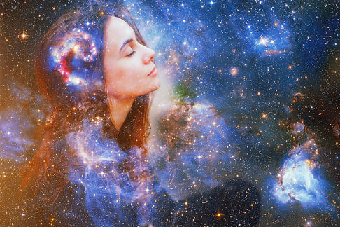 Double exposure portrait of a young woman close eye face with galaxy space inside head. Hu