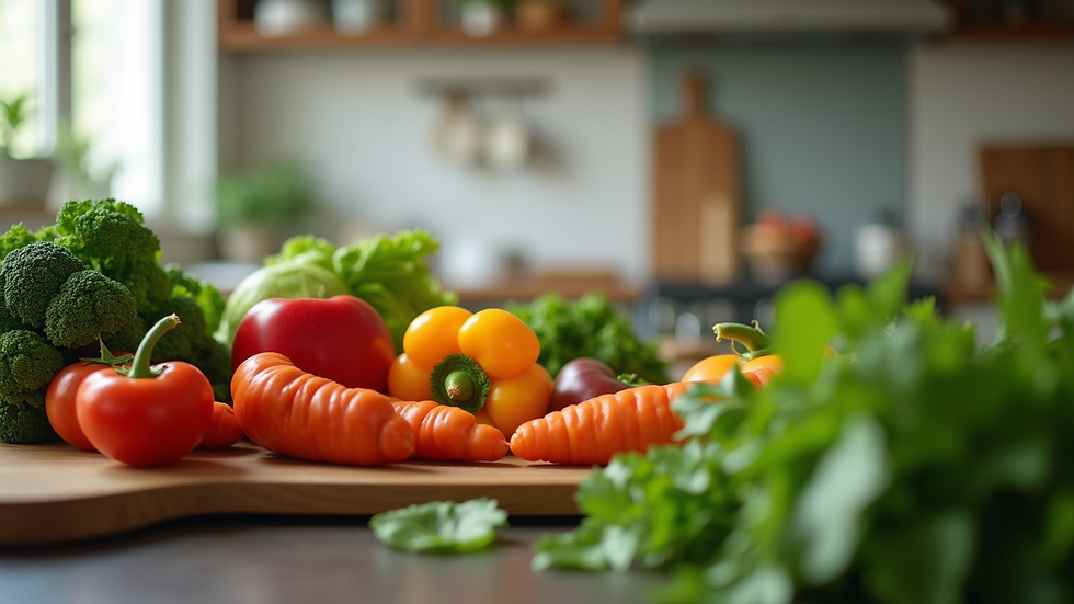 Eye-level view of fresh vegetables on a kitchen counter