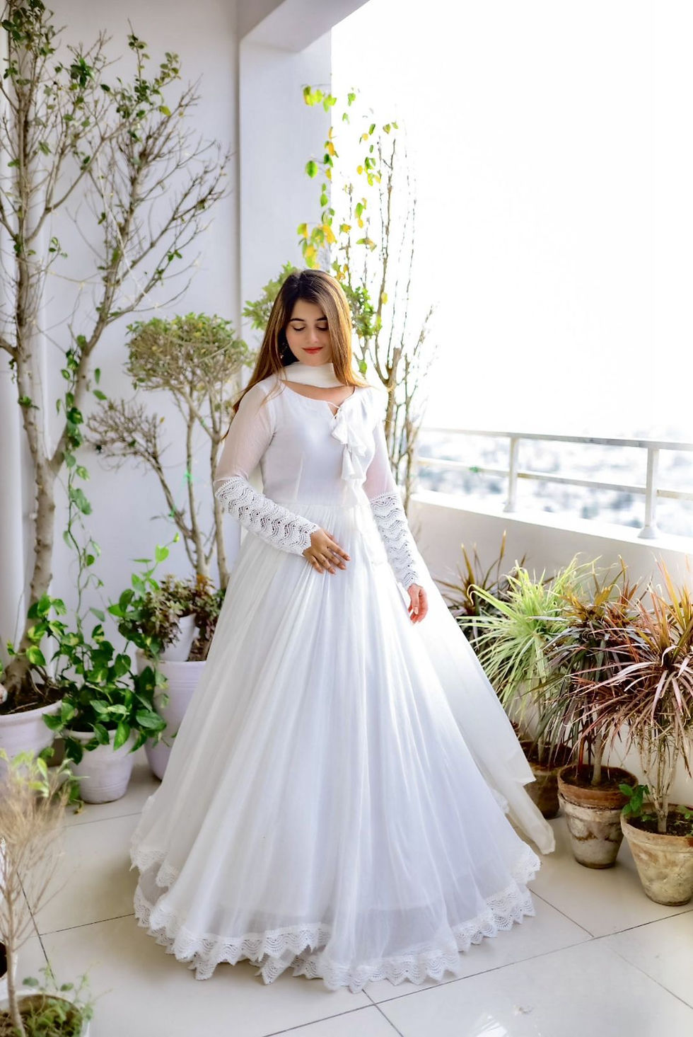 Thumbnail: White georgette umbrella flair anarkali suit gown