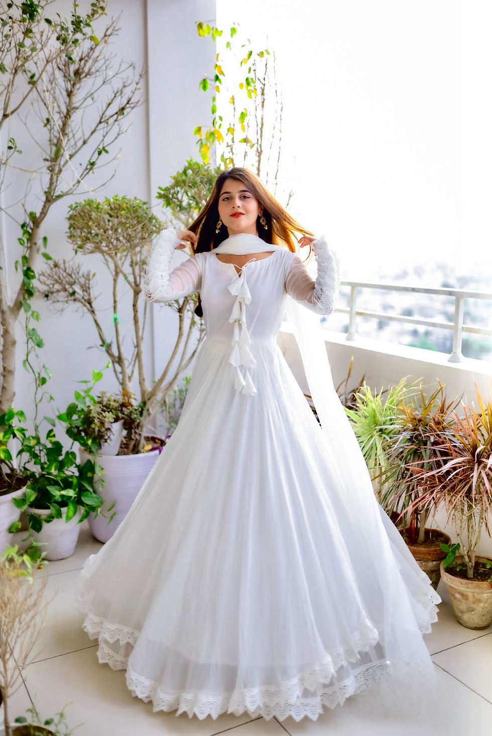 Thumbnail: White georgette umbrella flair anarkali suit gown