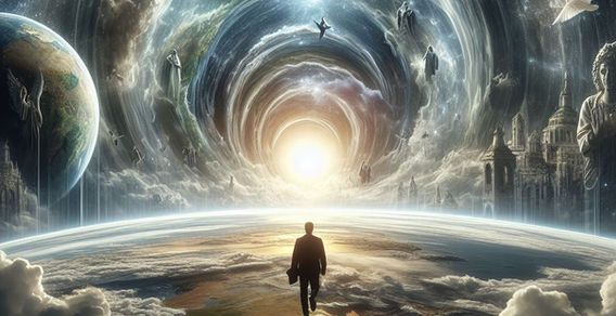 Perspectiva de túnel cósmico com silhueta humana criada com Inteligência Artificial - Sistema 360º - Rone Bends.